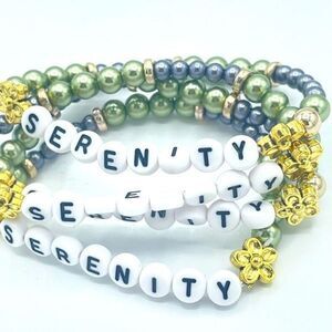 Serenity spell out beaded stretch bracelet ONE NEW Stackable pearl beads olive g